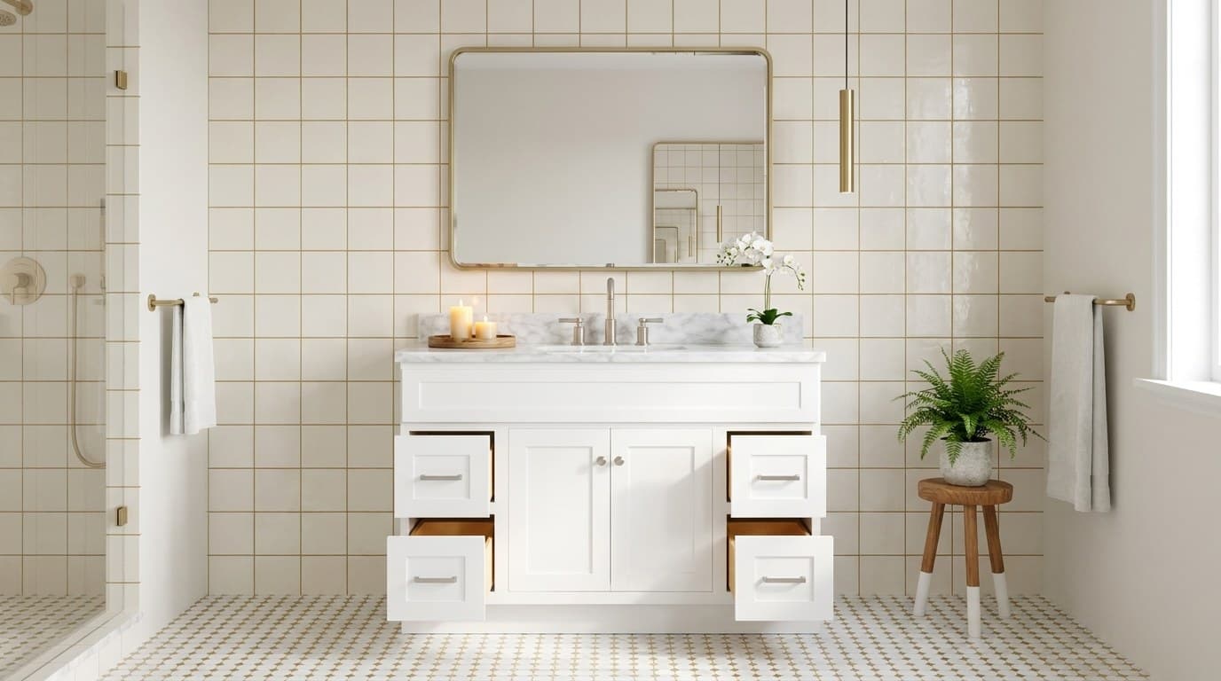 Freestanding Finn 30 inch single sink bathroom vanity with framed soft-close doors, a bank of dovetail drawers, and a countertop with single basin, in Purity White finish — styled room scene (representative image — exact size shown may vary)