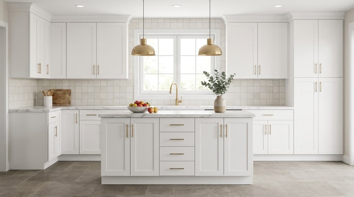 96 inch luxury light rail molding strip with stepped decorative profile, shown in a neutral wood cabinet finish, in Purity White finish — styled room scene (representative image — exact size shown may vary)