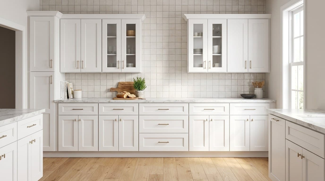 15-inch wide vanity drawer base cabinet with three stacked drawers and shaker-style fronts, 34 1/2 inches tall and 21 inches deep, shown in a neutral finish, in Purity White finish — styled room scene (representative image — exact size shown may vary)