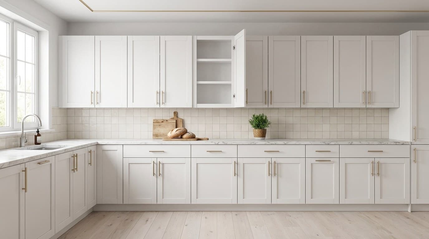 All-wood single door kitchen wall cabinet, 9 inches wide by 30 inches tall, with two adjustable shelves, shown in a neutral wood finish, in Purity White finish — styled room scene (representative image — exact size shown may vary)